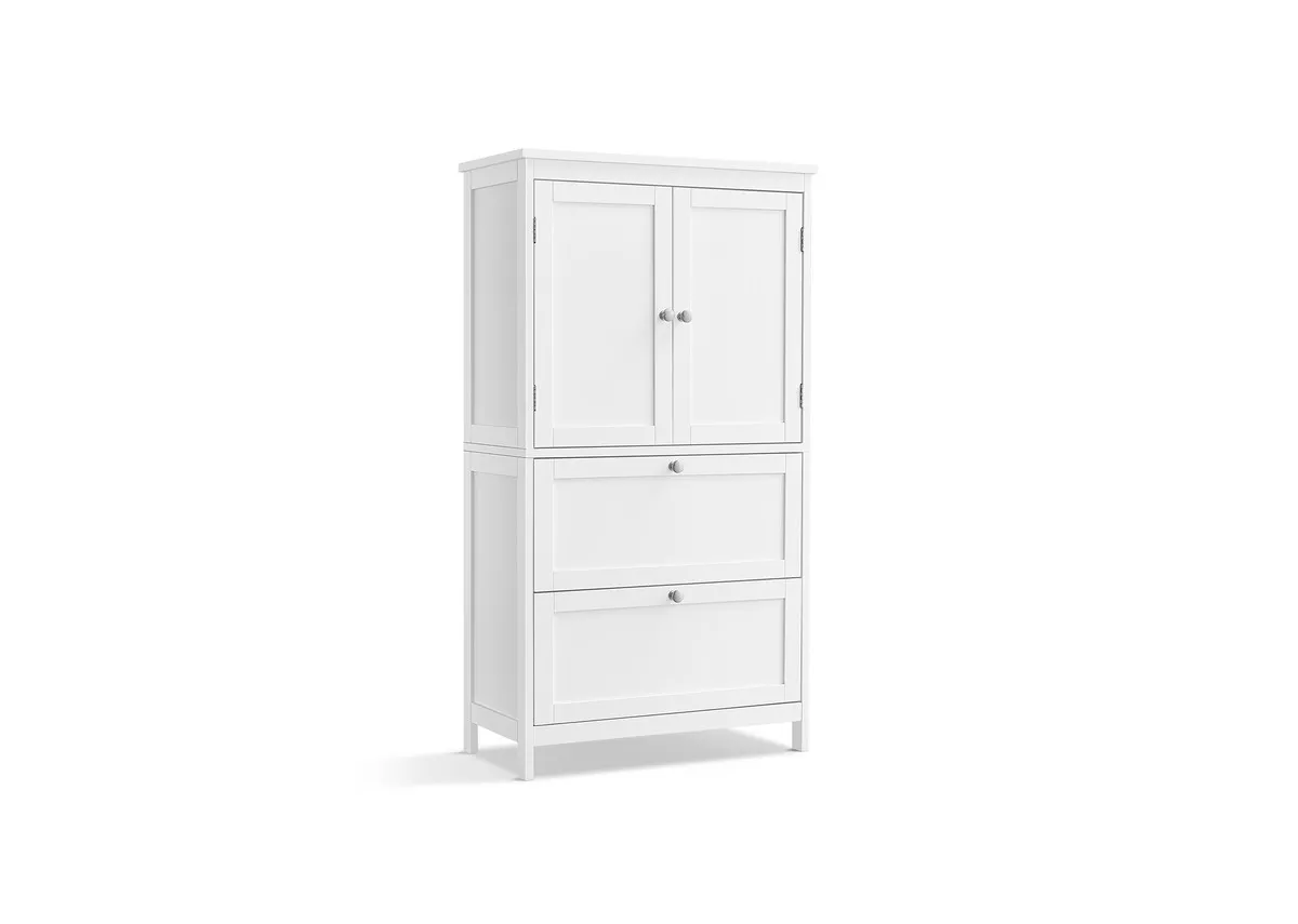 A white 2 door 2 drawer storage cabinet from EZ Livings Ava range. Angled view doors closed.