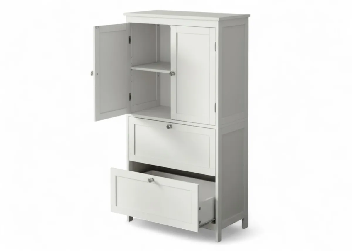A white 2 door 2 drawer storage cabinet from EZ Livings Ava range.Angled view 1 drawer and 1 door open showing shelf