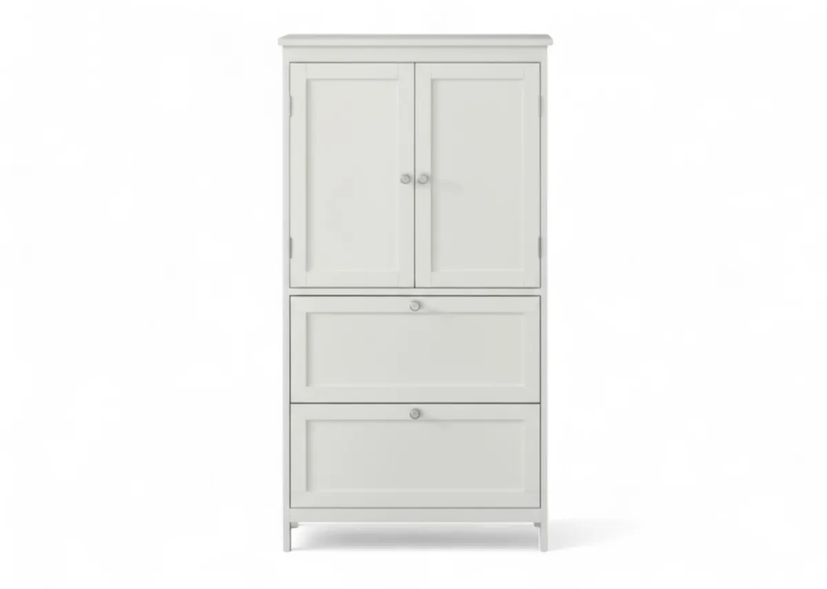 A white 2 door 2 drawer storage cabinet from EZ Livings Ava range.  Front view