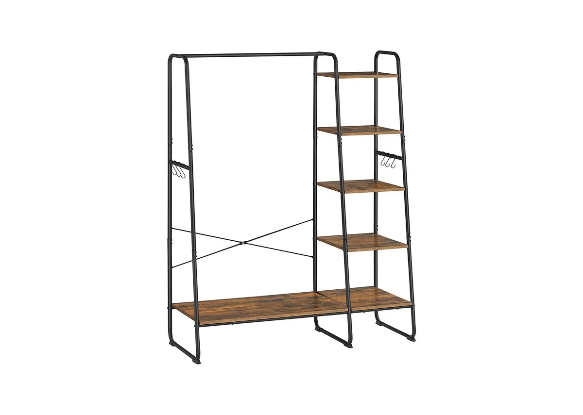 A metal clothing rail with 5 shelves from EZ Livings Steelstow range. Angled view