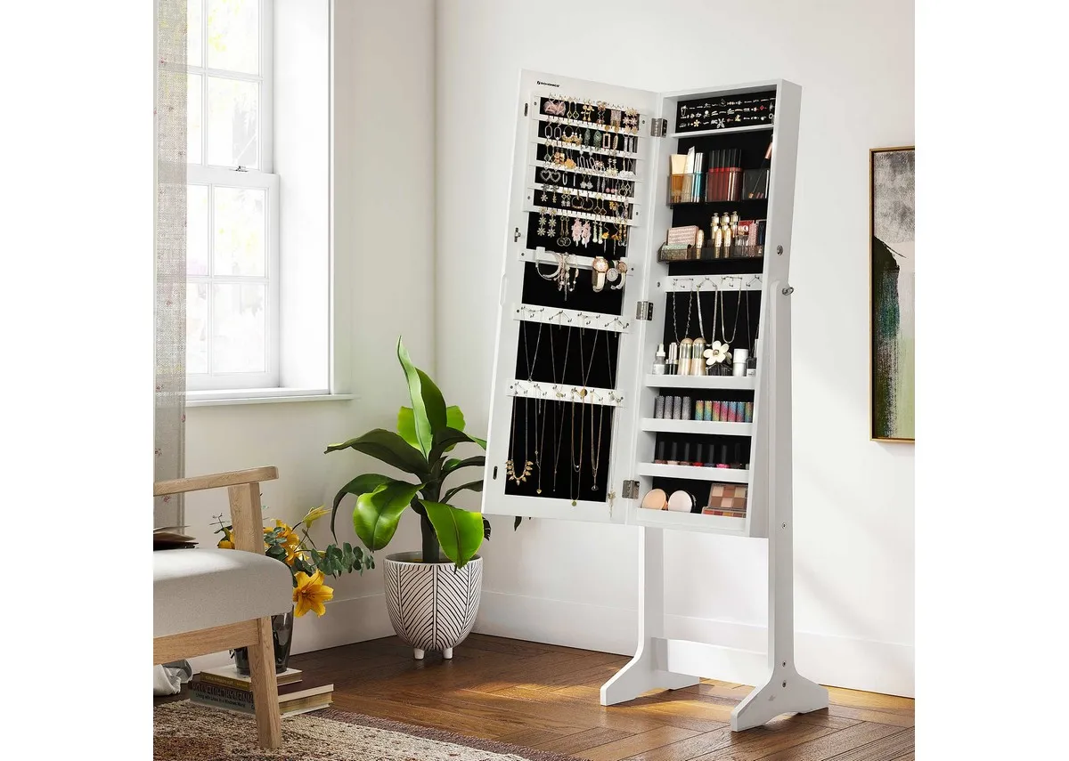 A white framed mirror on stand with jewellery storage from EZ Livings Suzie range. Open & closed display