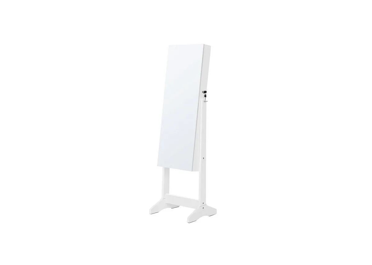 A white framed mirror on stand with jewellery storage from EZ Livings Suzie range. Angled view