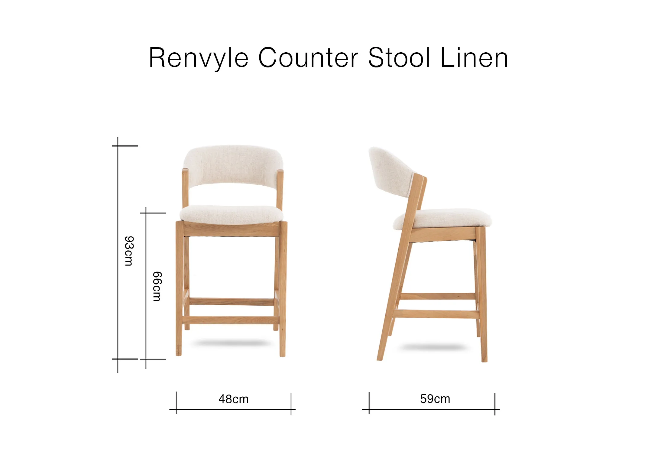 A dimension image of the Renvyle Stool with 48cm x 59cm x 93cm x 66cm