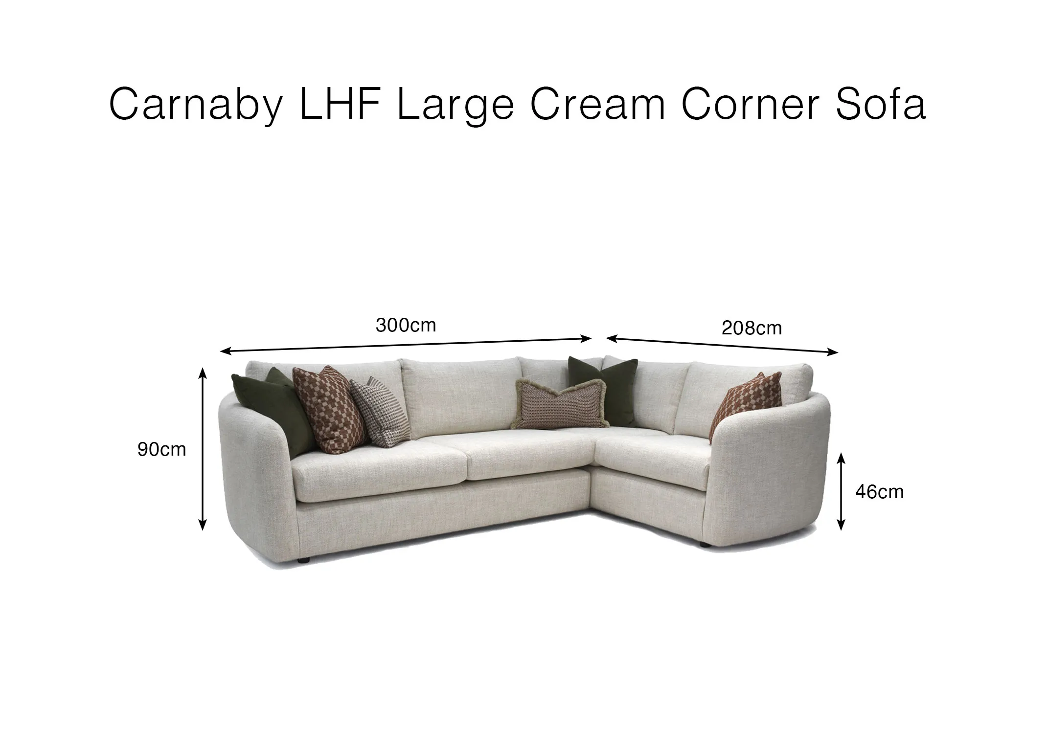 A dimension image of the Carnaby corner sofa with 200cm x 208cm x 46cm x 90cm