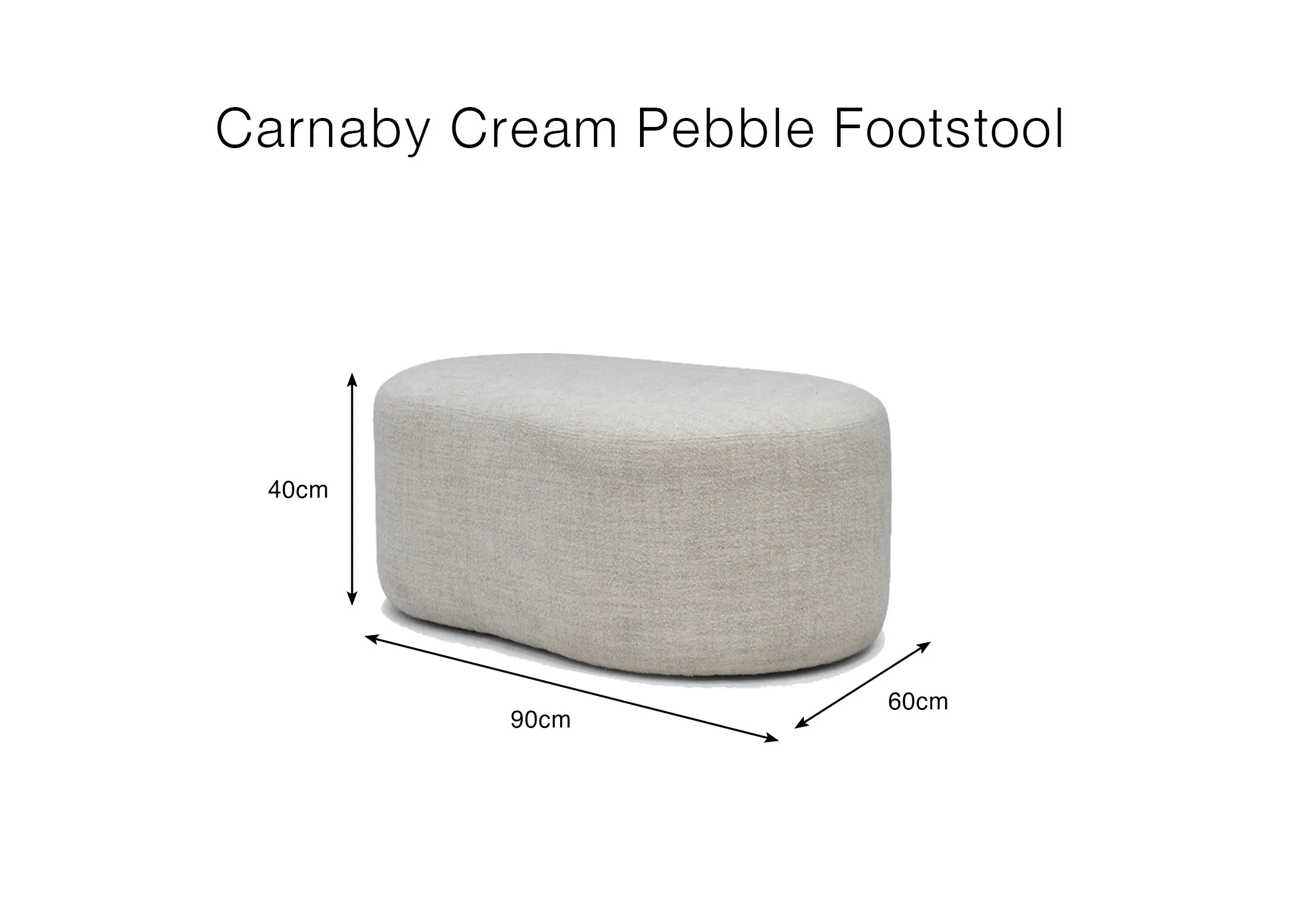 A dimension image of the carnaby pebble footstool with 90cm x 60cm x 40cm 