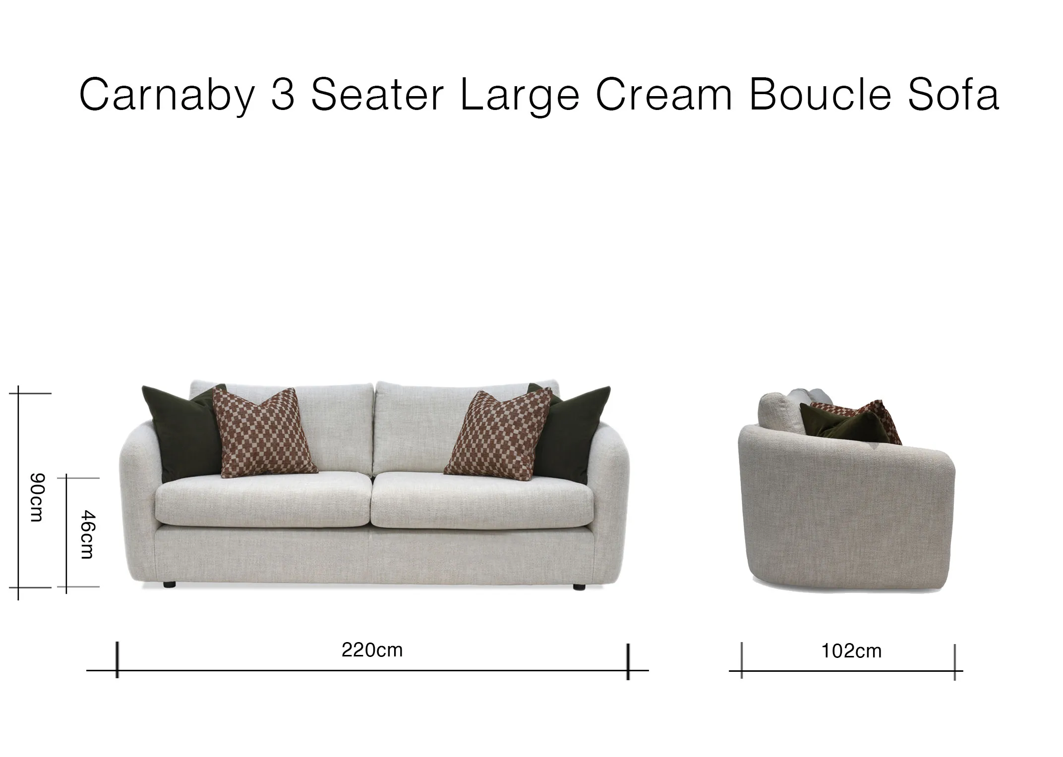 A dimension image of the Carnaby Large sofa with 220cm x 102cm