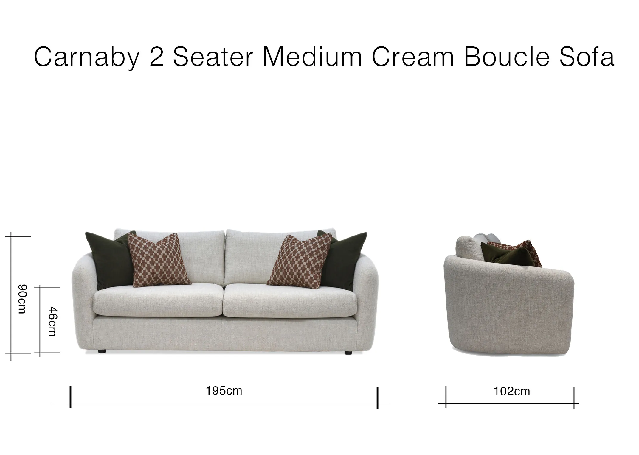 A dimension image of the Carnaby Medium sofa with 195cm x 102cm x 90cm