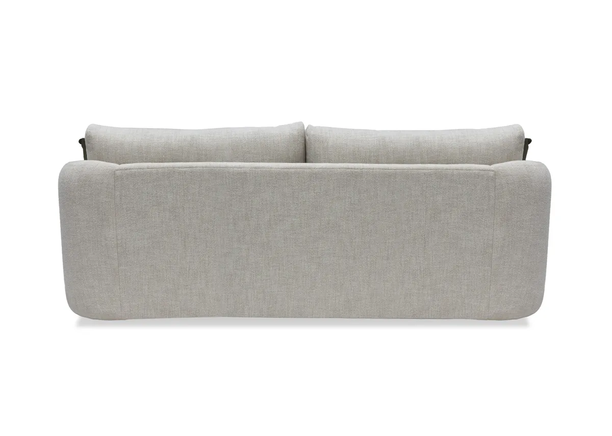 A cream boucle medium sofa with 4 scatters from EZ Livings Carnaby range. Back view of warrantied frame.