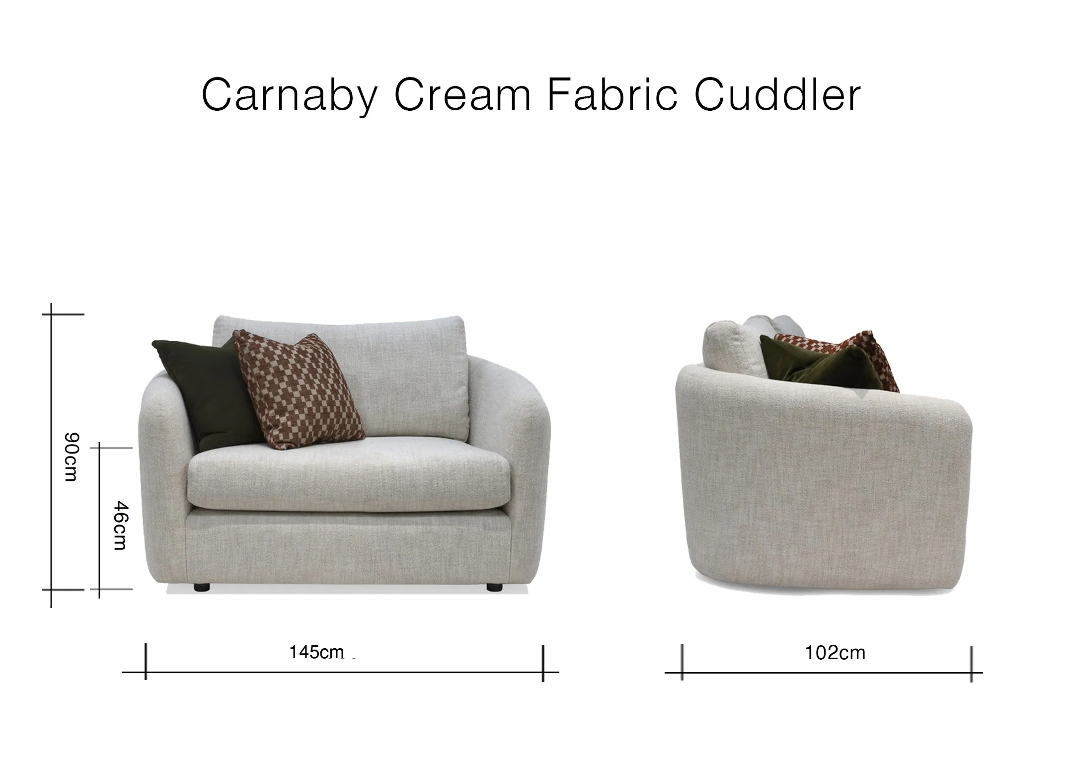 A dimension image of the Carnaby Cuddler with 145cm x 102cm x 90cm