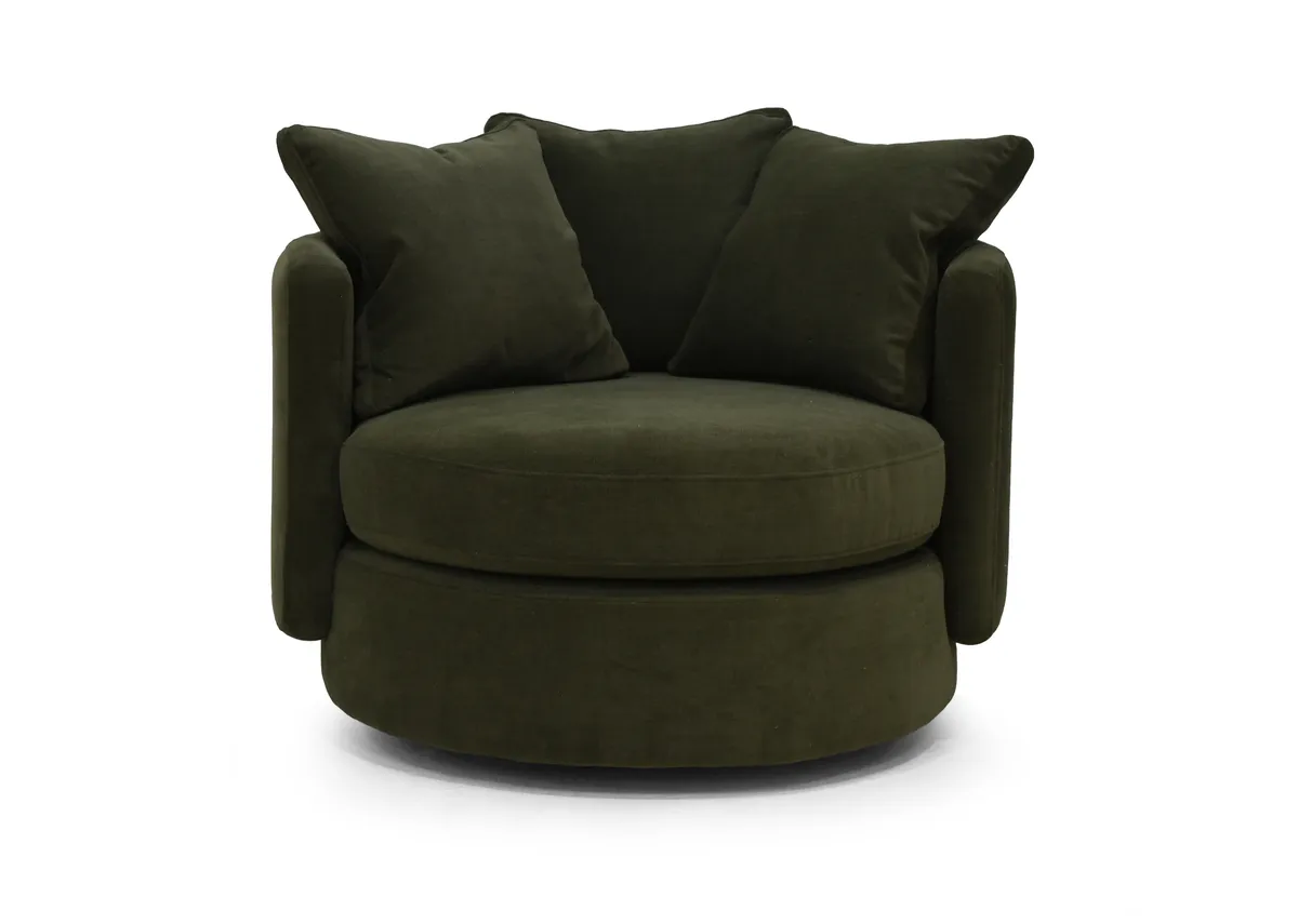 An olive green fabric swivel chair from EZ Livings Piccadilly range. Front view of curved back and 3 pillows