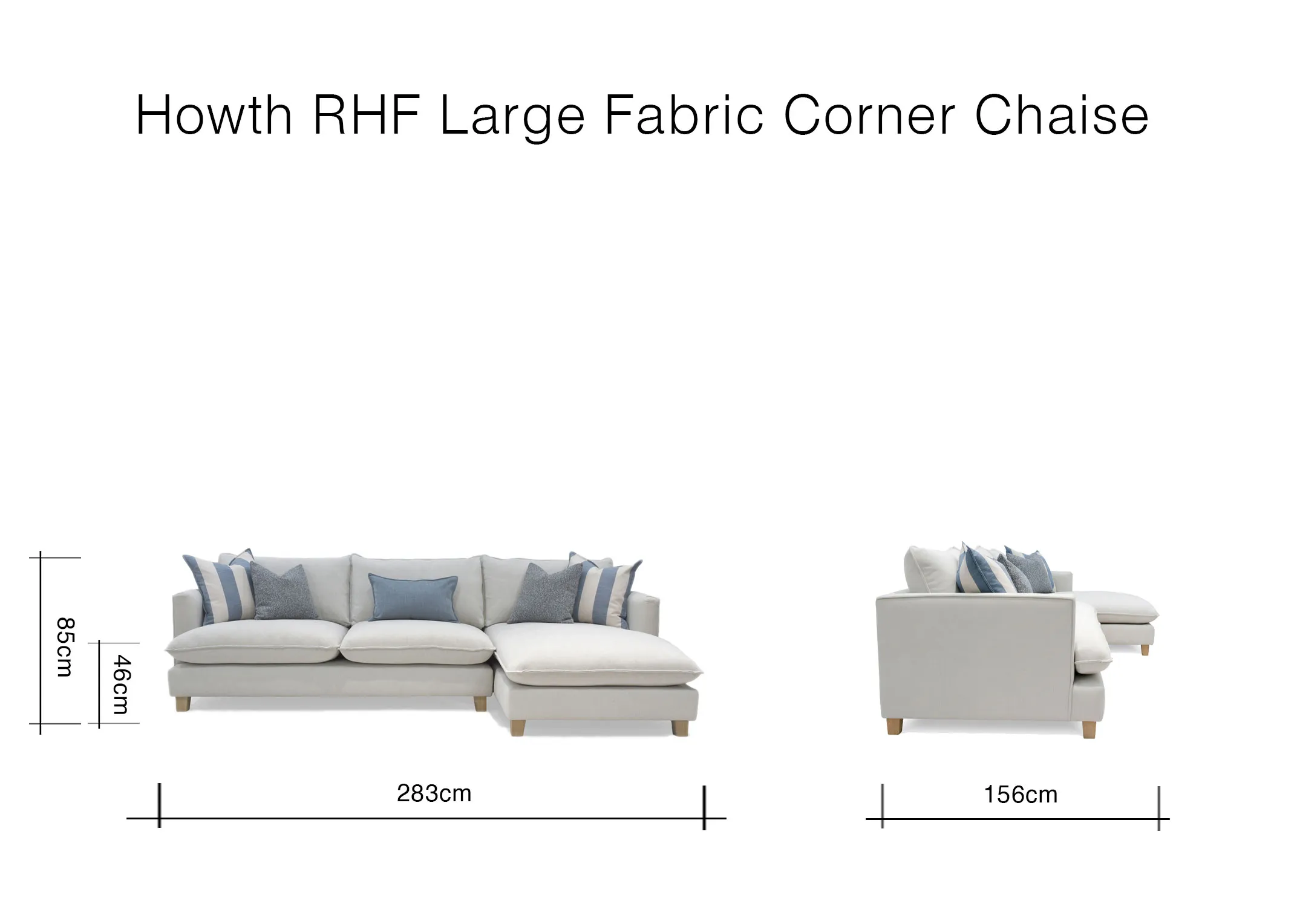 A dimension image of the Howth RHF Chaise with 283cm x 85cm