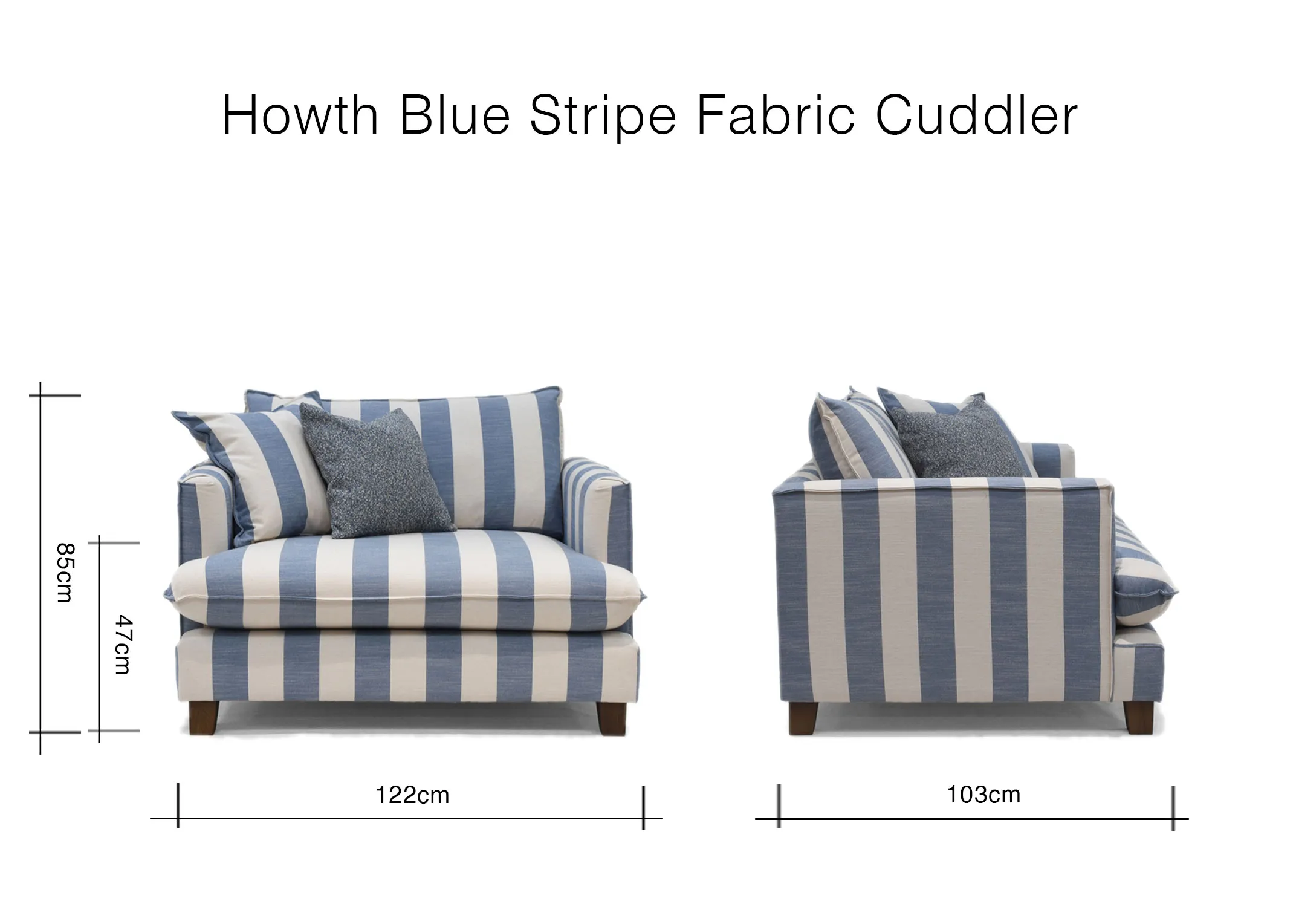 A dimension image of the Howth Cuddler with 122cm x 103cm x 85cm