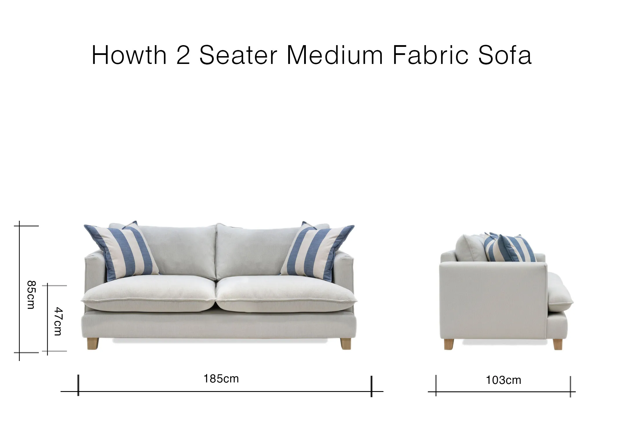 A dimension image of the Howth 2 Seater sofa with 185cm x 85cm