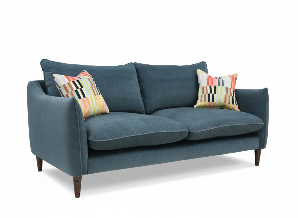 A 3 seater blue fabric sofa from EZ Livings Kenmare range. Angled view