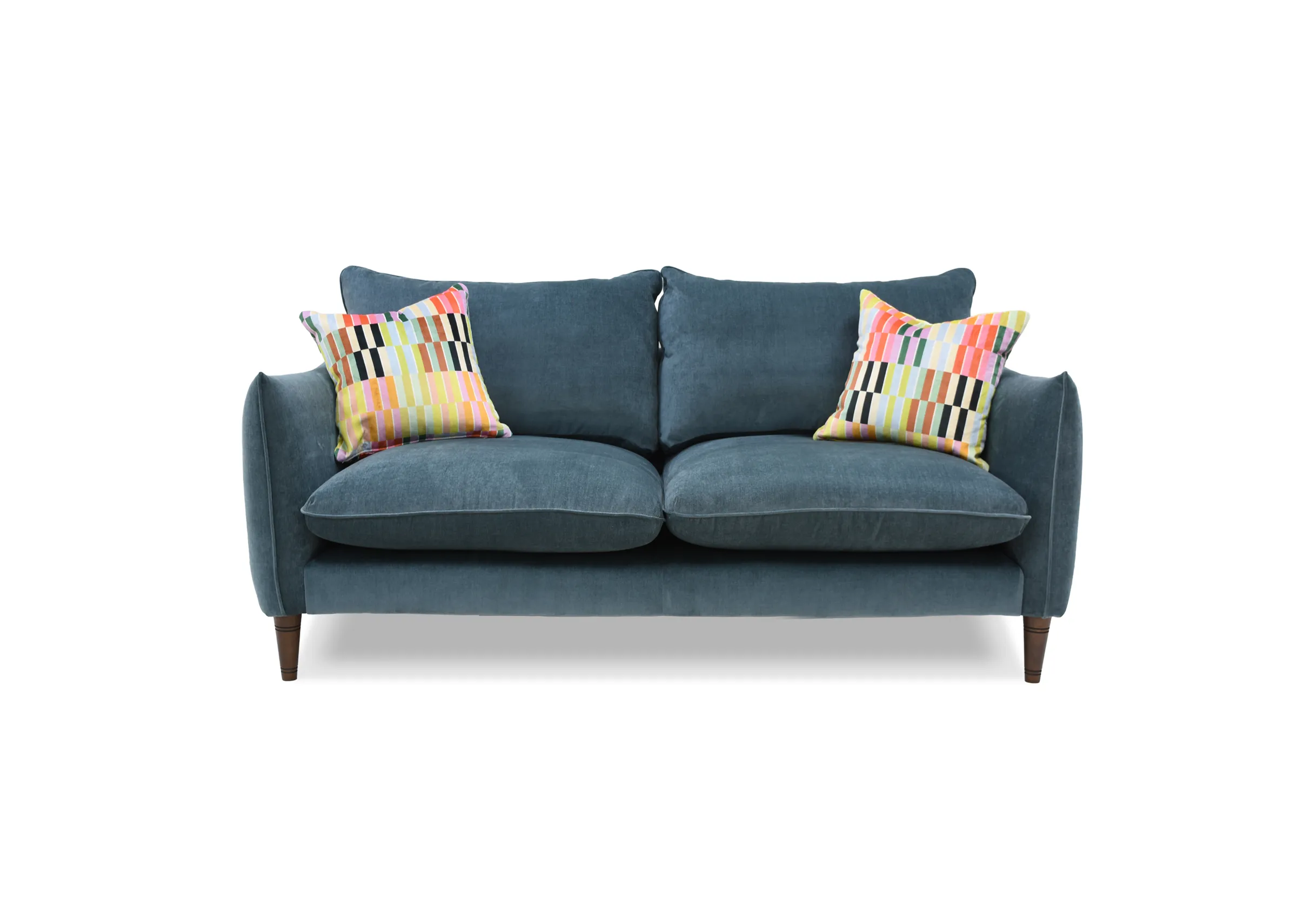 A small blue fabric sofa from EZ Livings Kenmare range. Front view.