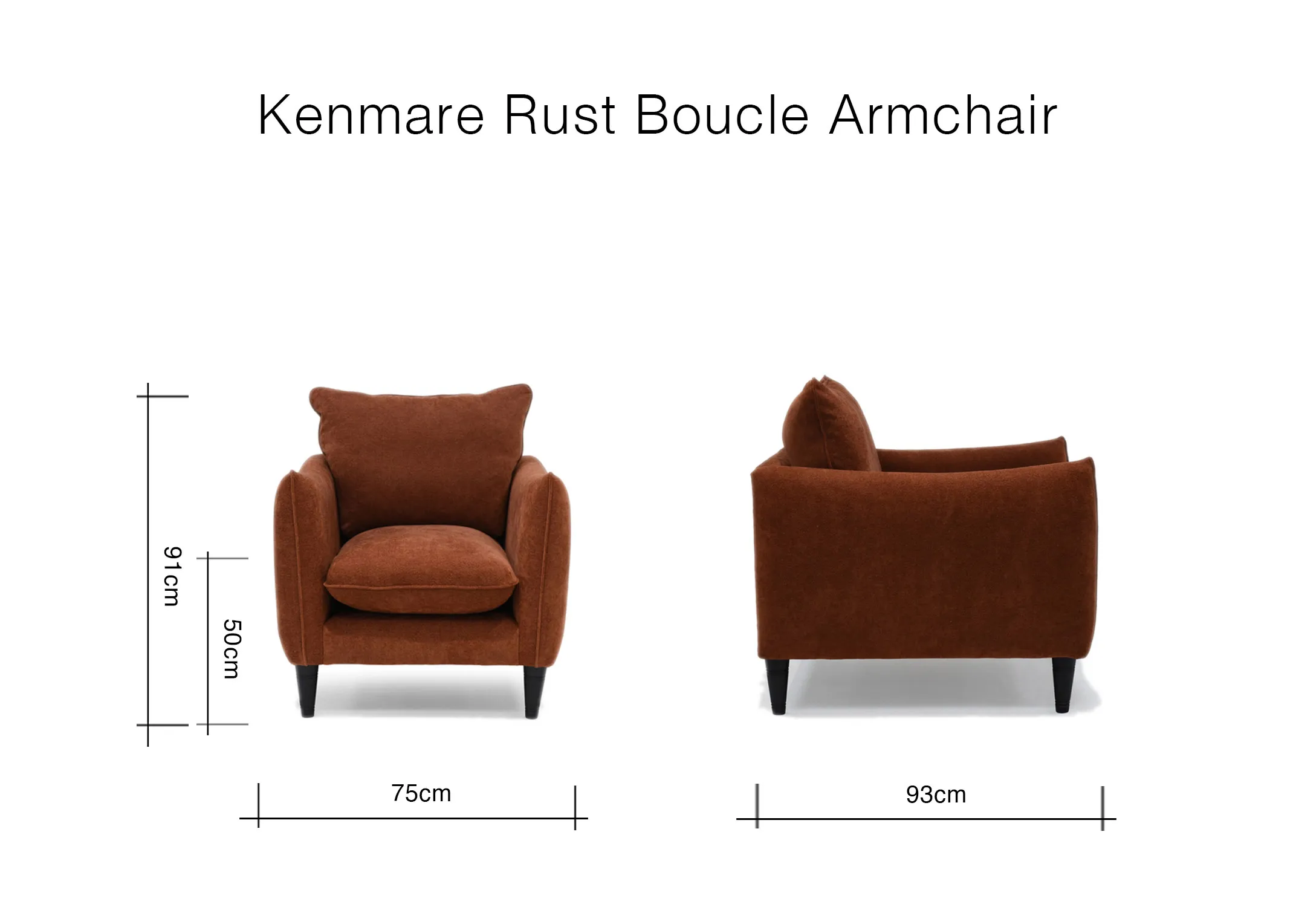 A dimension image of the Kenmare Armchair with 75cm x 93cm x 91cm