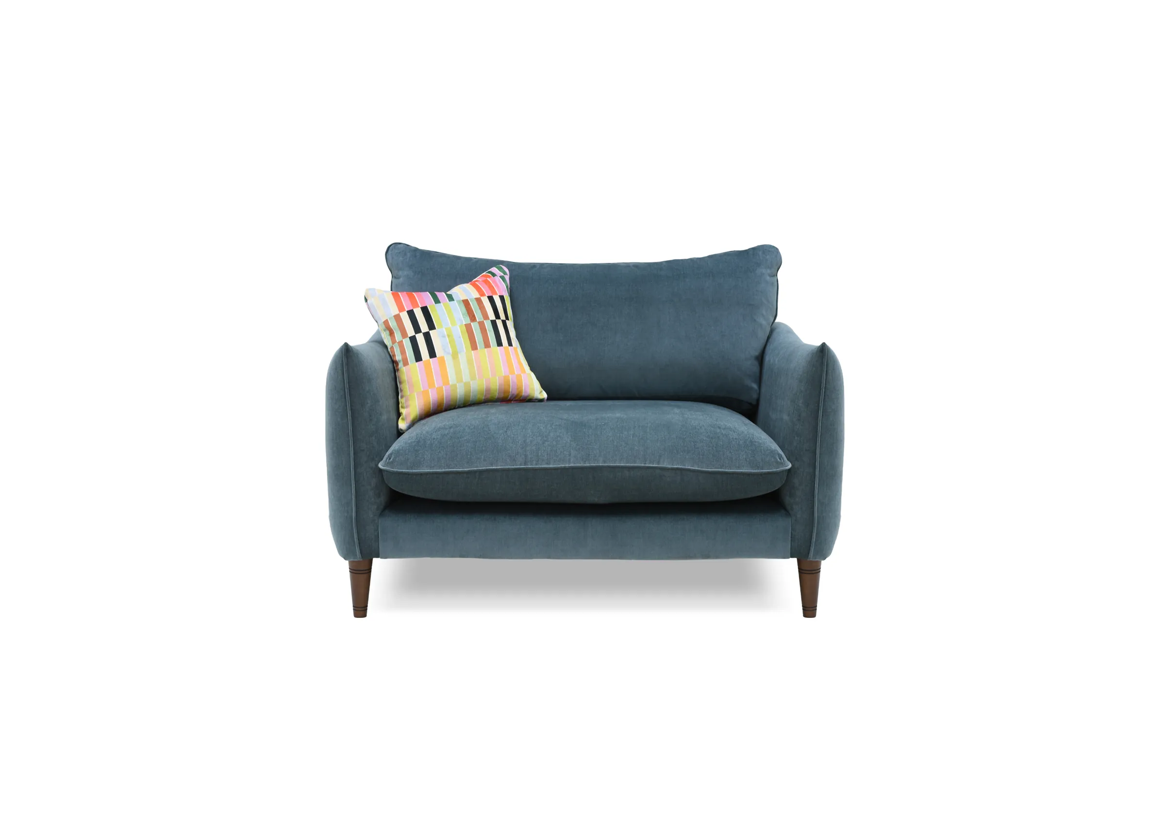 A blue fabric cussler with a multi stripe cushion from EZ Livings Kenmare range.