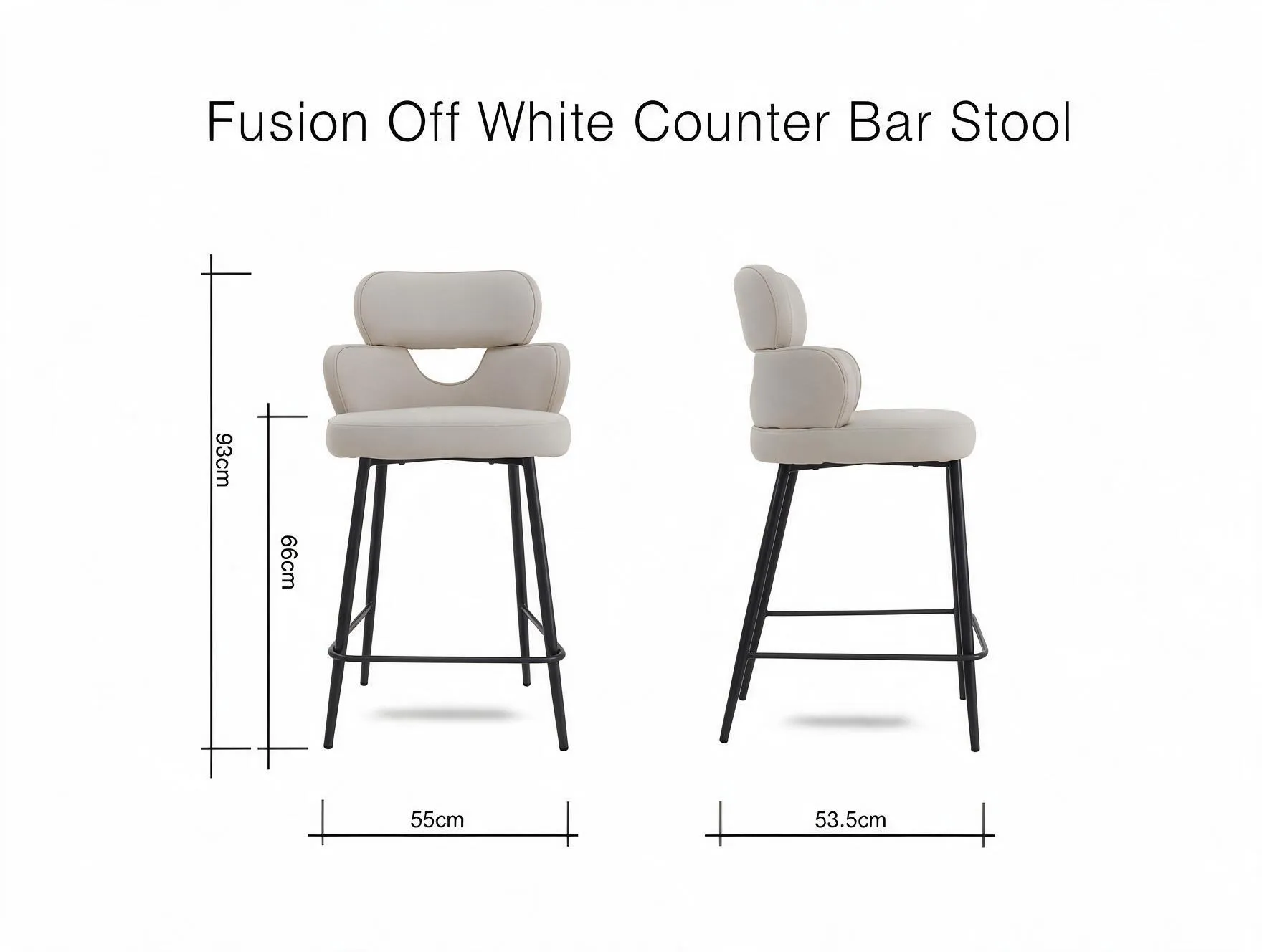 A dimension image of the Fusion white counter stool with 55cm x 53.5cm x 99cm x 66cm
