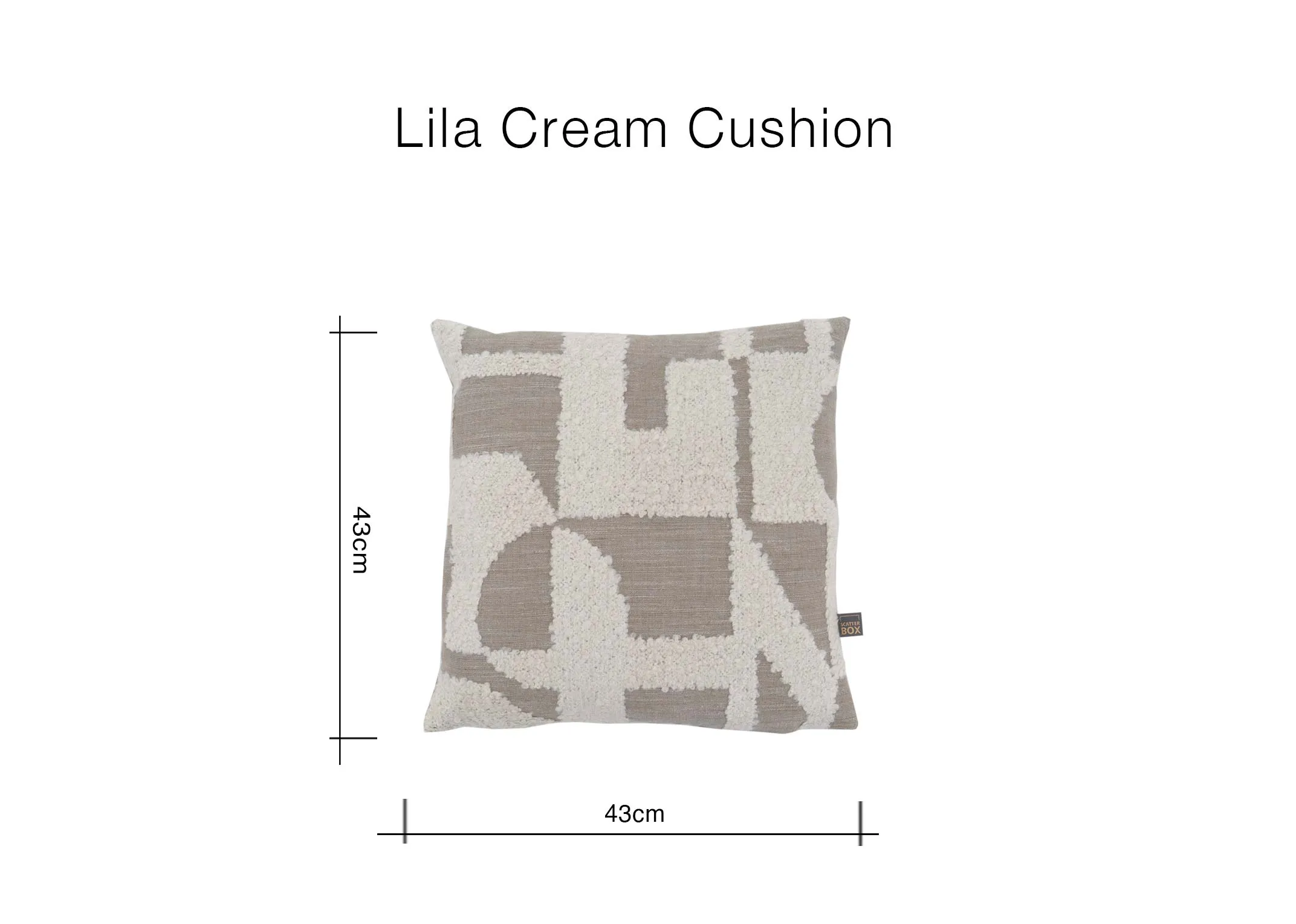 A dimension image of the Lila Cushion with 43cm x 43cm