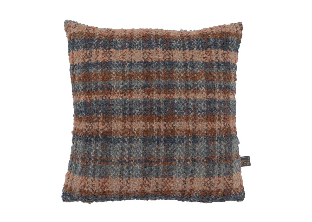 A blue and brown tweed fabric cushion from EZ Livings Uilleann range. Front view