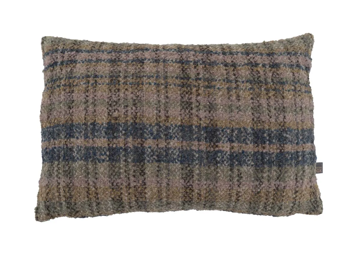 A bolster cushion with green and grey tweed from EZ Livings Uilleann range. Front view.