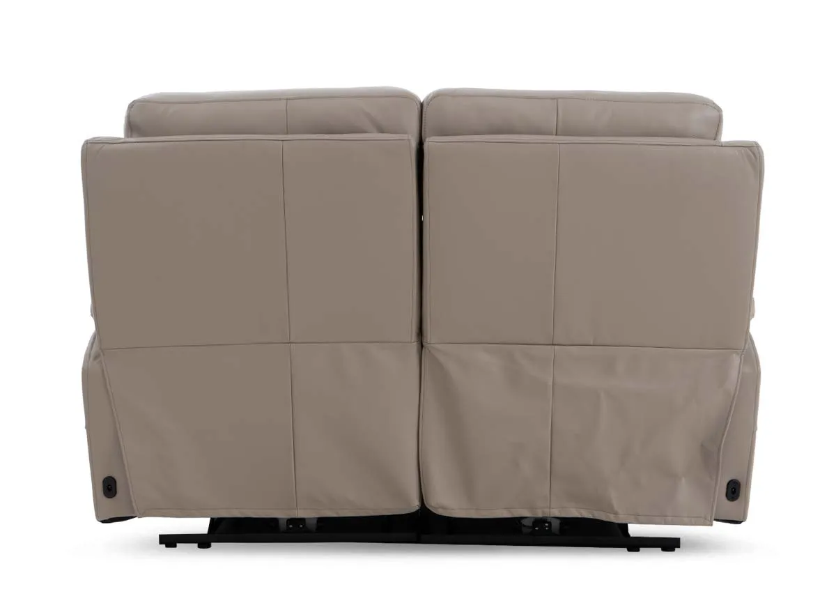 A 2 seater leather power reclining sofa from EZ Livings Raven range. Back view of warrantied frame