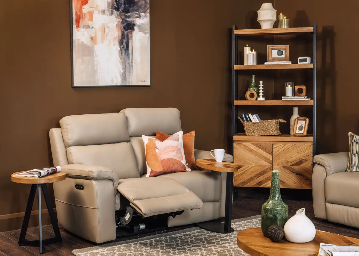 2 Seater Light Taupe Leather Power Reclining Sofa - Raven