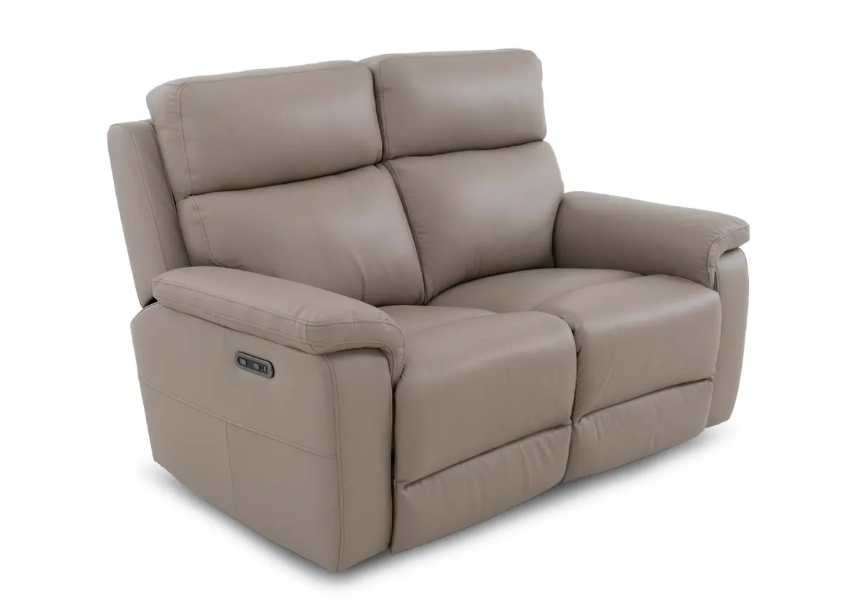 A 2 seater leather power reclining sofa in a  fixed position from EZ Livings Raven range. Angled view.
