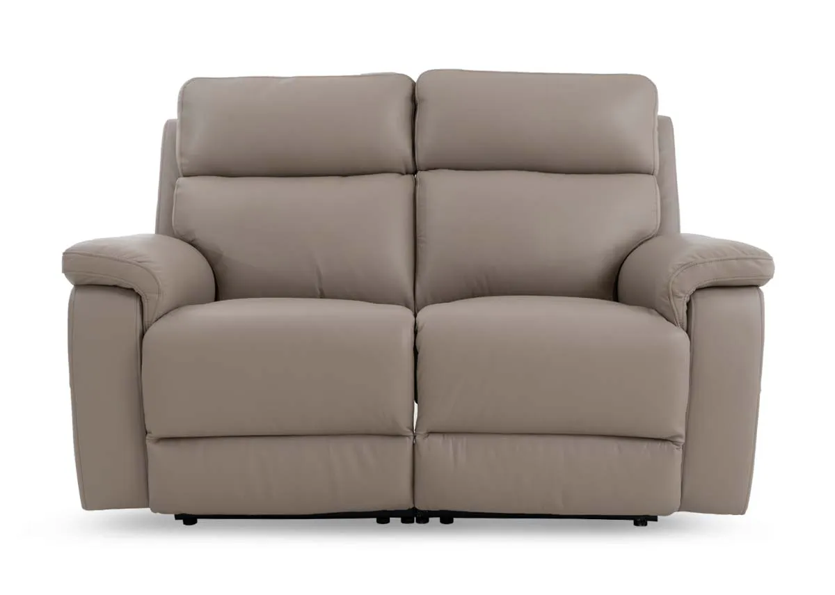 A 2 seater leather power reclining sofa from EZ Livings Raven range. Front view of padded seat and back cushions