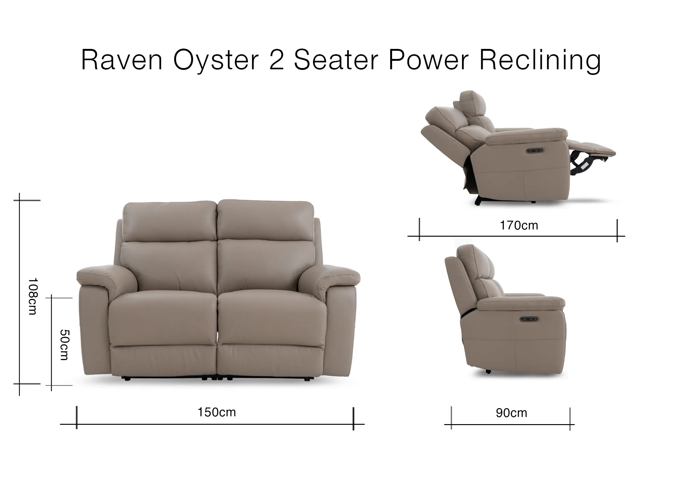 A dimension image of the Raven 2 Seater Power Recliner with 150cm x 108cm x 98-170cm