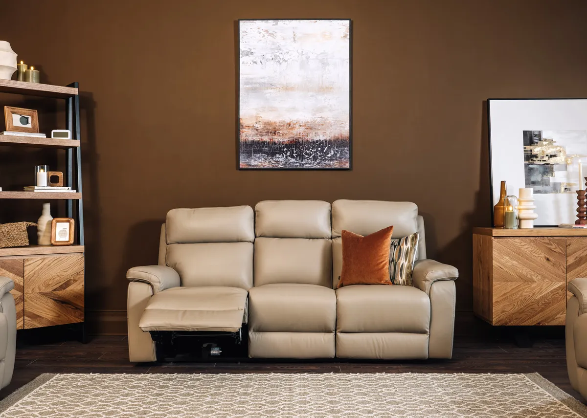 3 Seater Light Taupe Leather Power Reclining Sofa - Raven