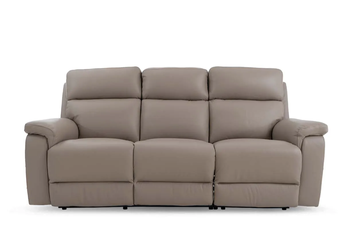 A 3 seater leather power reclining sofa from EZ Livings Raven range. Front view of padded seat and back rests