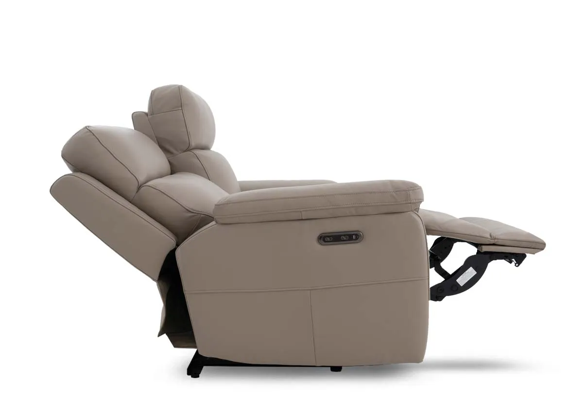 A 3 seater leather power reclining sofa from EZ Livings Raven range. Side view of sofa reclined