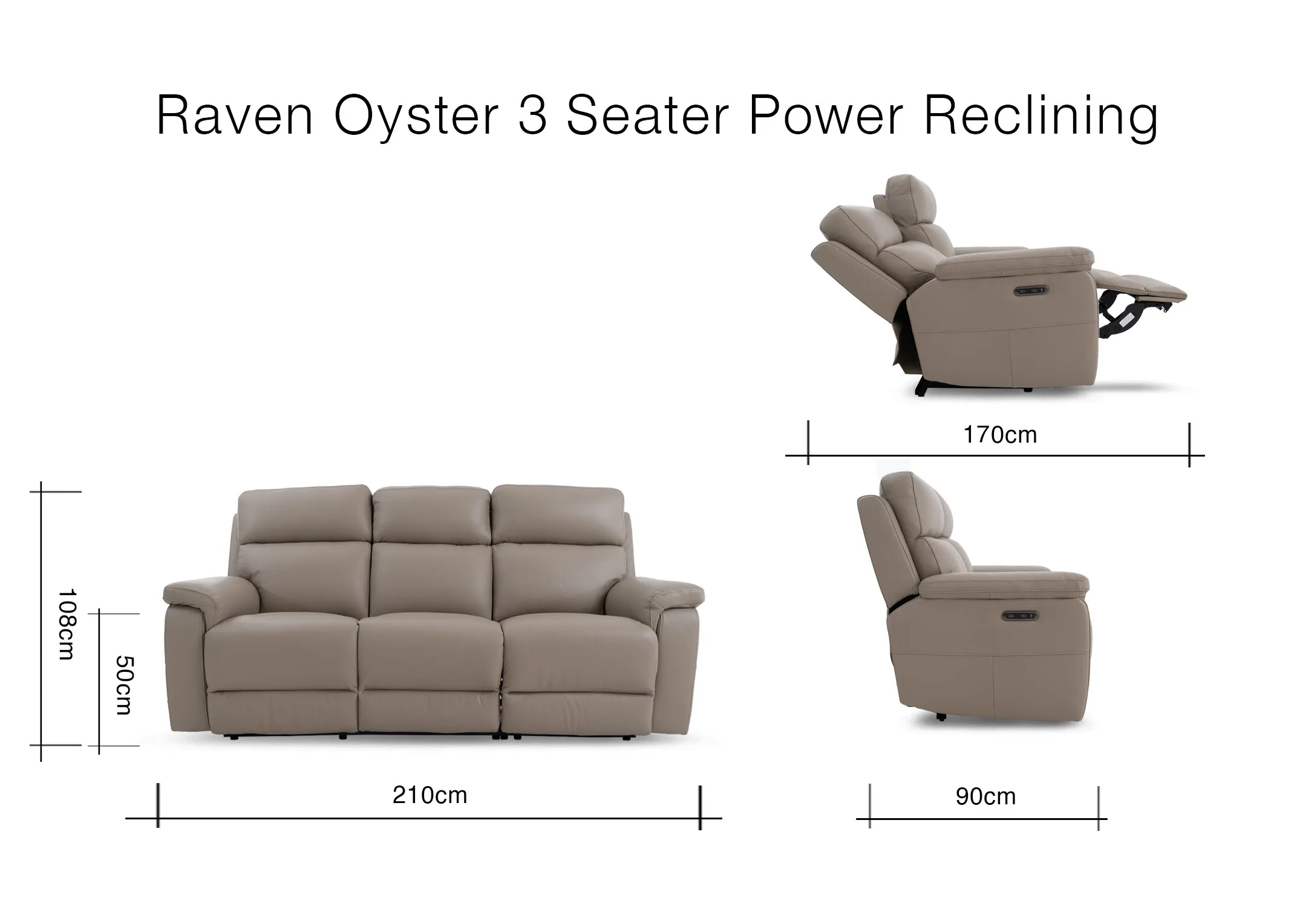 A dimension image of the Raven 3 seater Power Recliner with 210cm x 108cm x 98-170cm