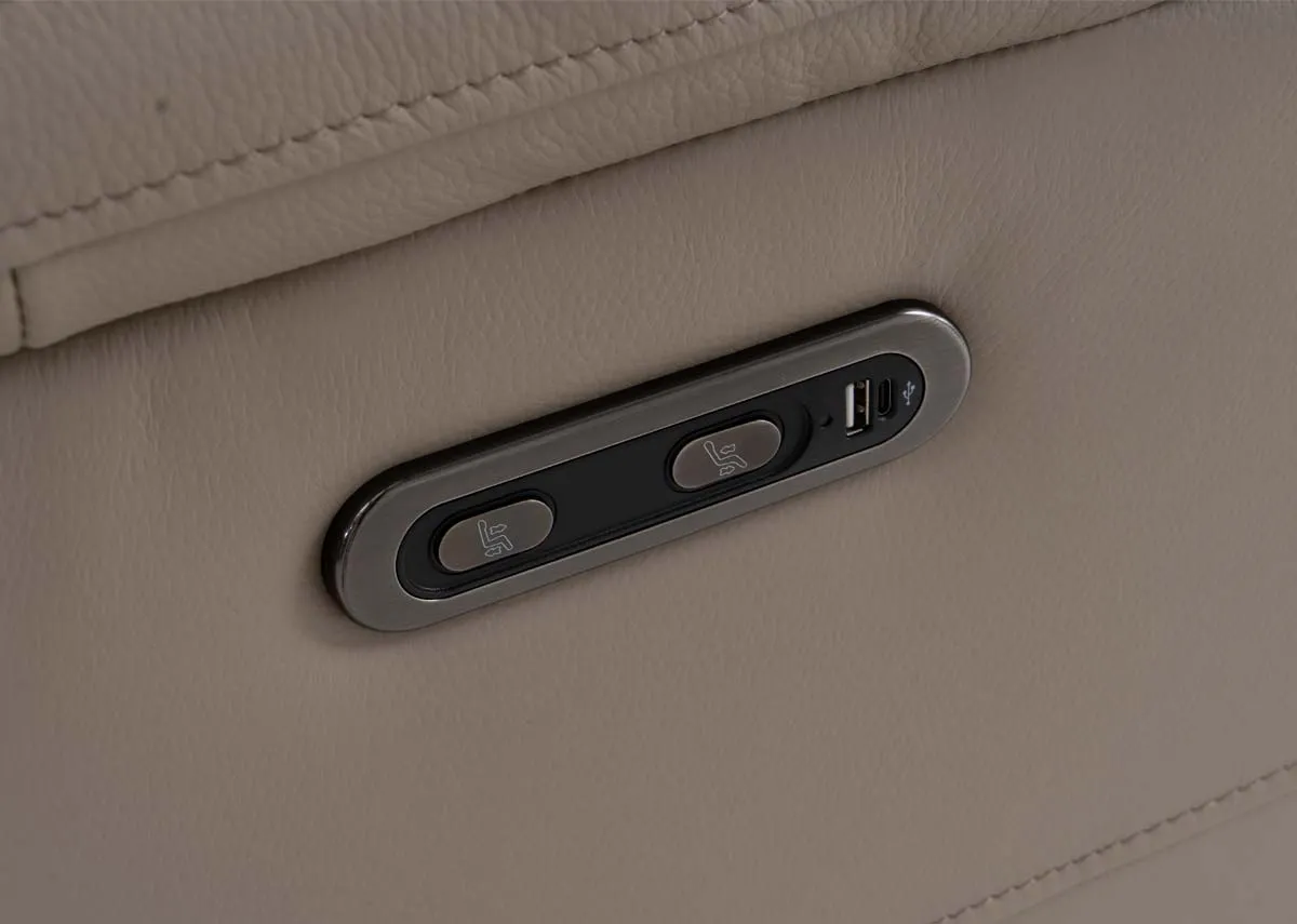 A closeup of the remote for the leather power reclining sofa from EZ Livings Raven range. Closeup of the usb charging port
