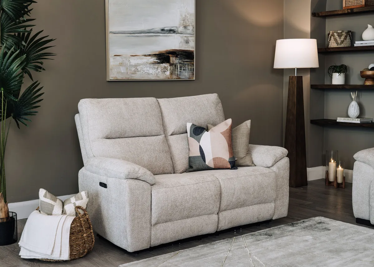 A lifestyle image of the Annalee sofa fixed with  Lakeshore canvas.