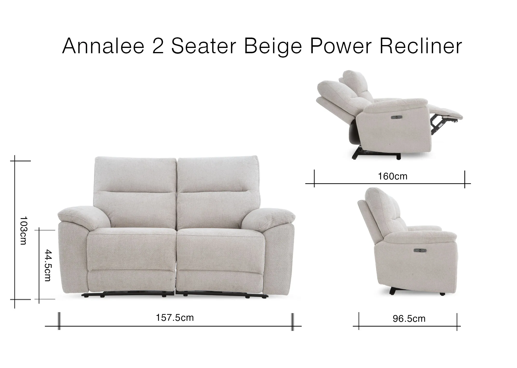 A dimension image of the Annalee 2 Seater with 157.5cm x 96.5-160cm x 103cm