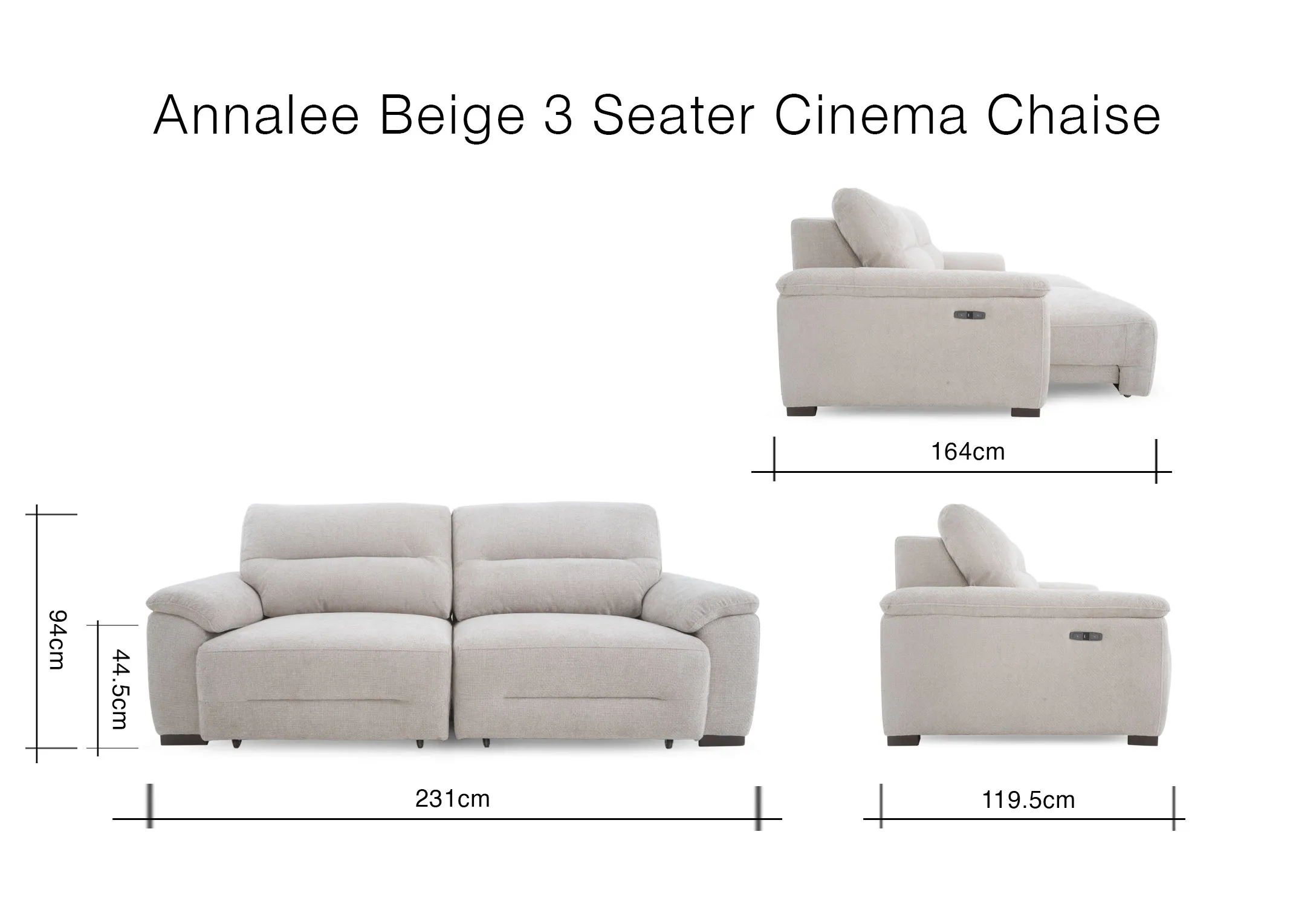 A dimension image of the Annalee Beige 3 seater with 231cm x 119-164cm x 94cm