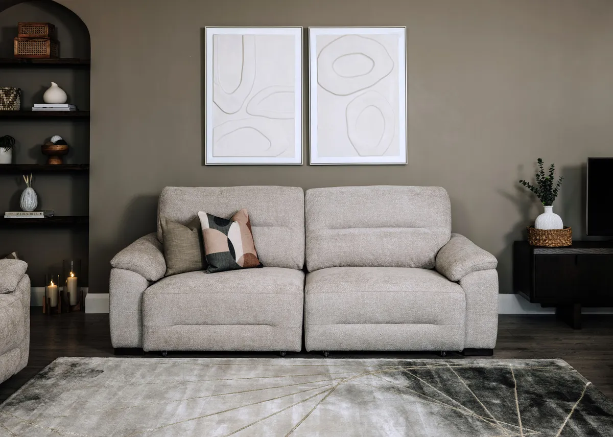A dimension image of the Annalee Beige 3 seater with 231cm x 119-164cm x 94cm