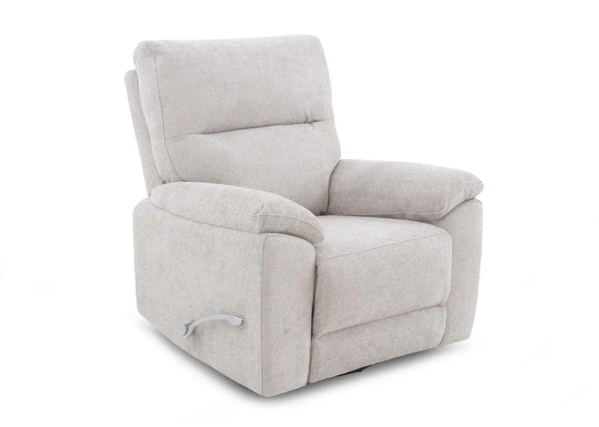 A beige fabric swivel recliner from EZ Livings Annalee range. Angled view of manual reclining handle