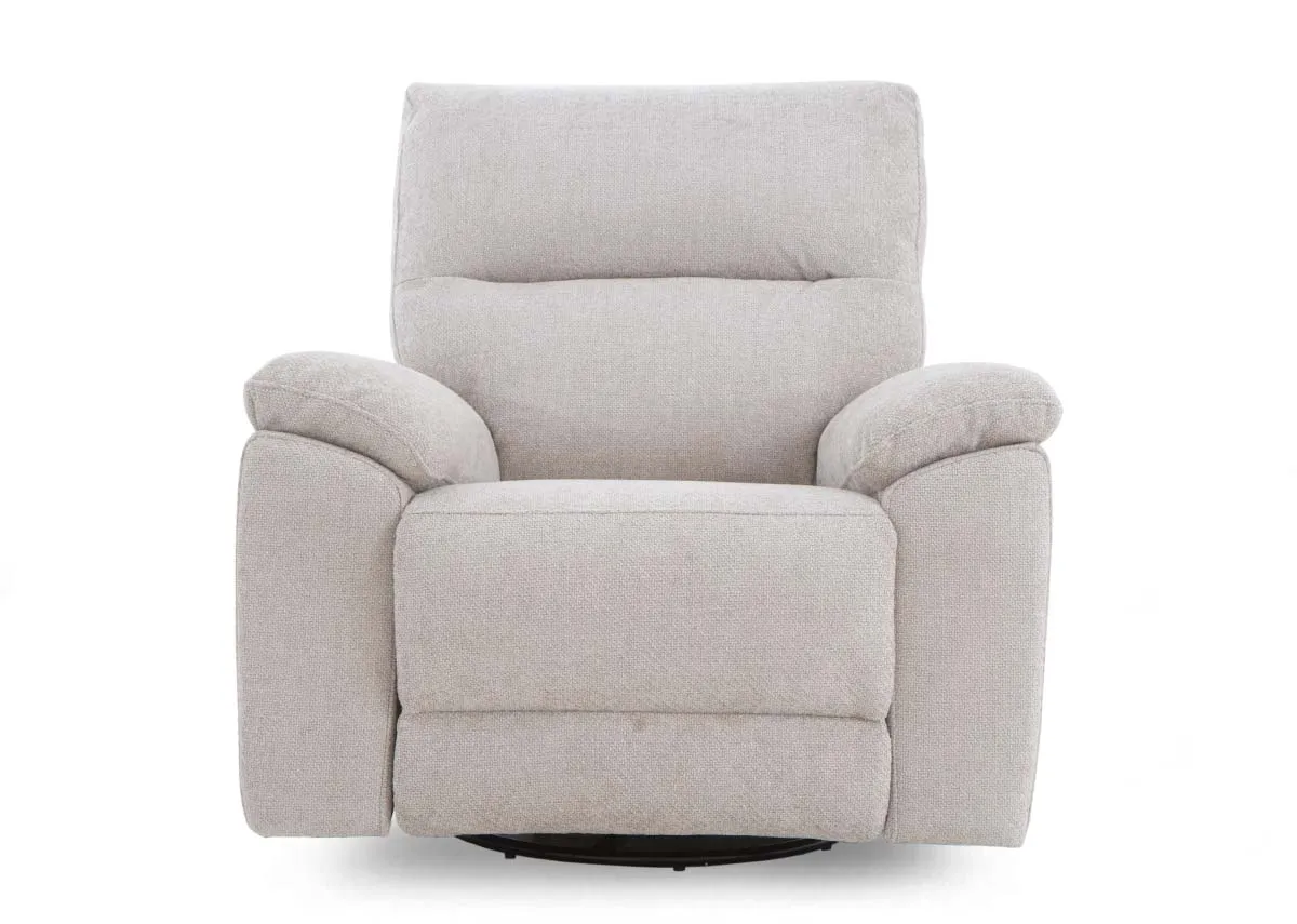 A beige fabric swivel recliner from EZ Livings Annalee range. Front view of chair fixed down.