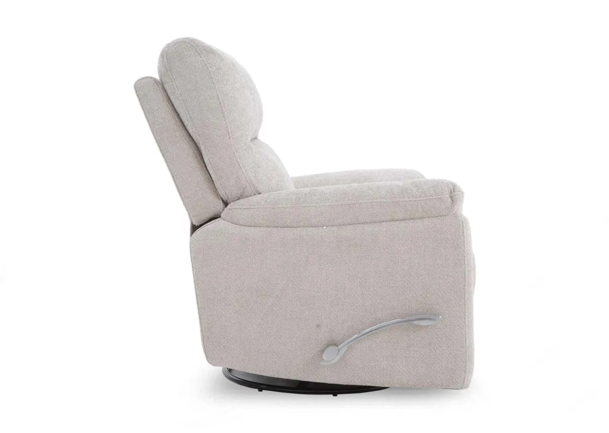 A beige fabric swivel recliner from EZ Livings Annalee range. Side view