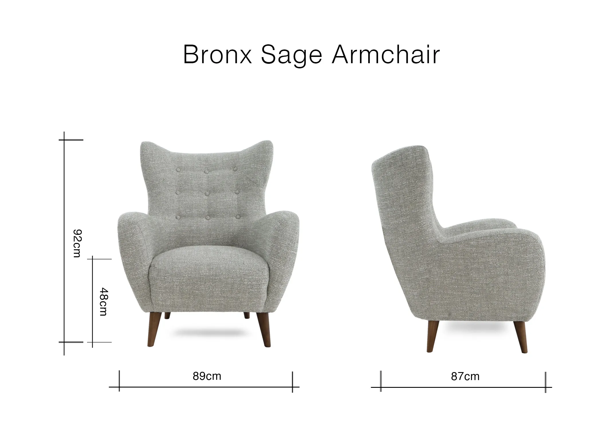 A dimension image of the Bronx Armchair with 89cm x 87cm x 92cm