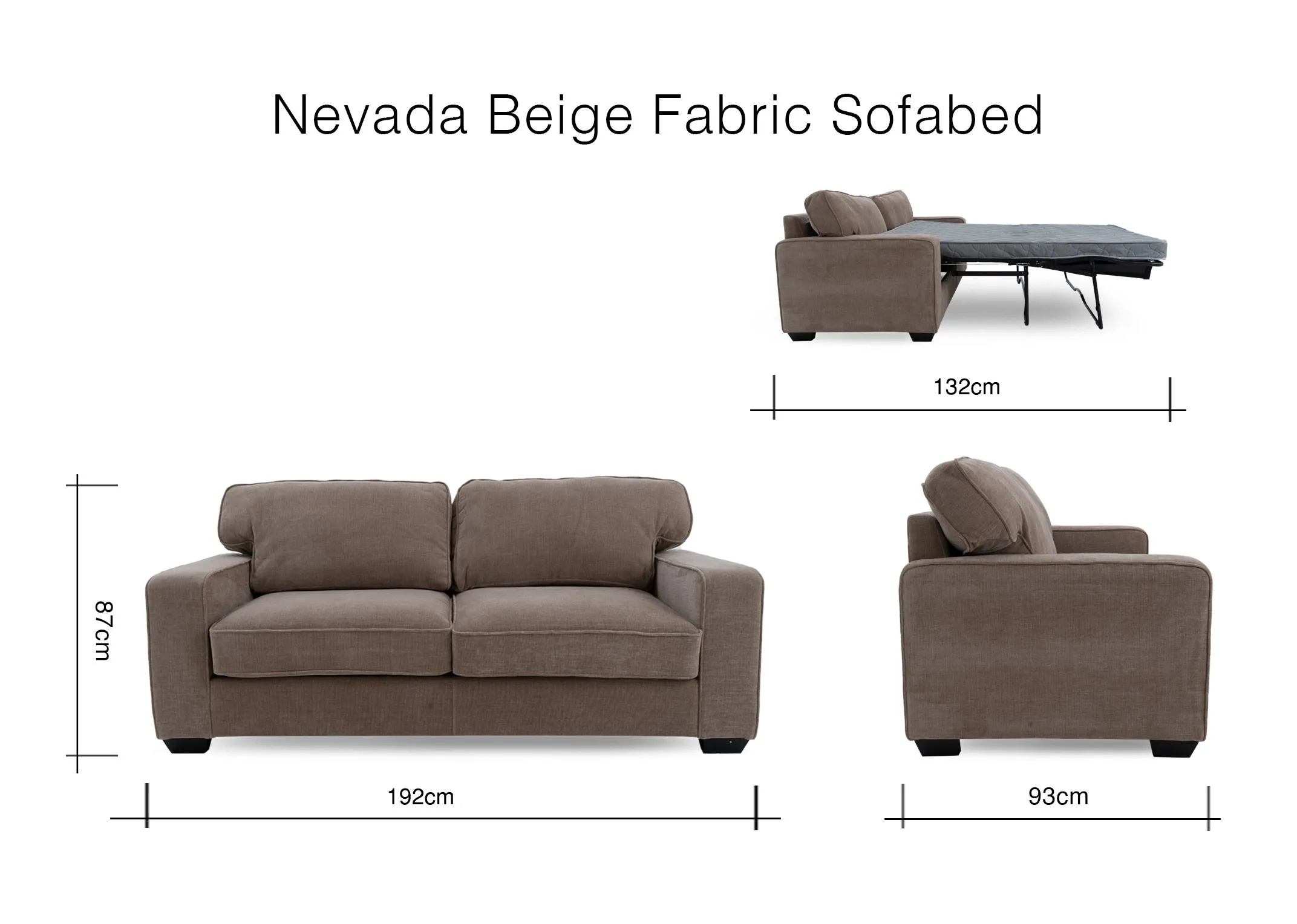 A dimension image of the Nevada sofa bed with 192cm x 93cm-132cm x 87cm