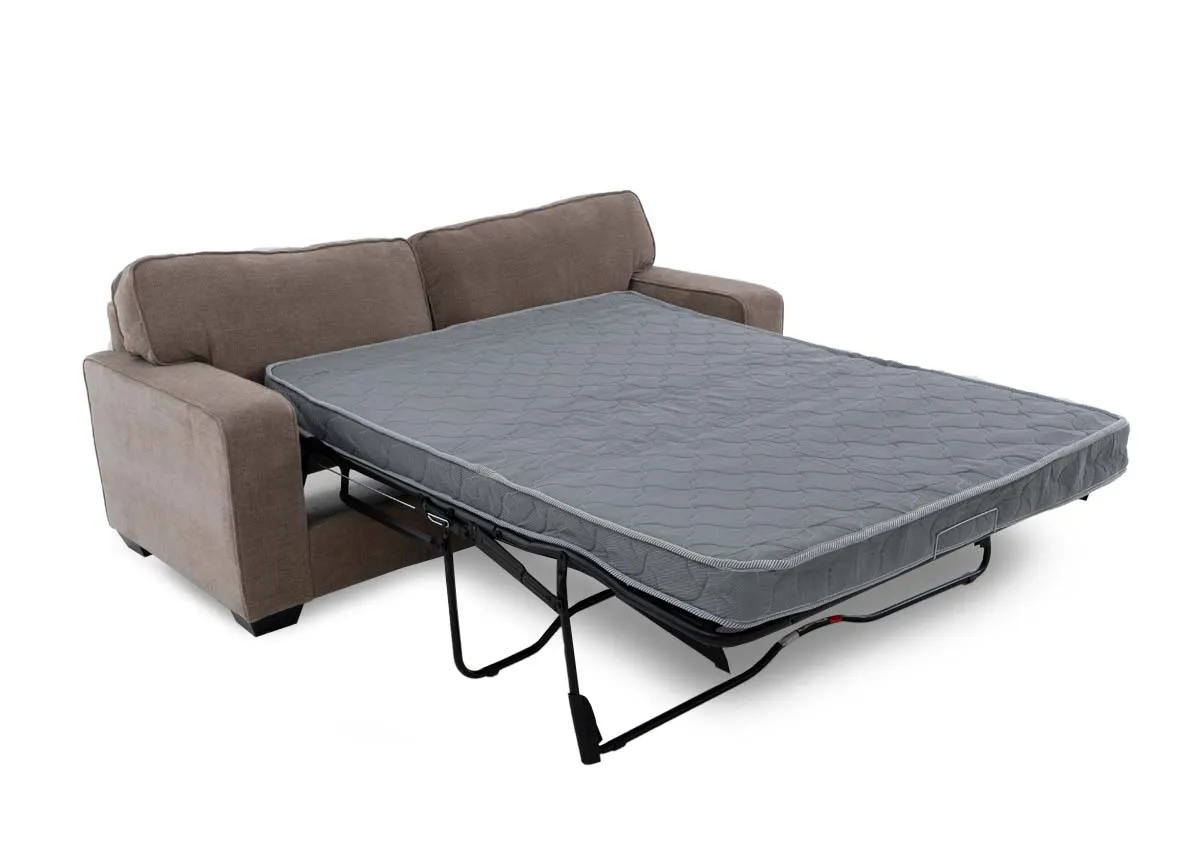 A beige fabric sofa from EZ Living Furnitures Nevada range. Angled view of sofa as bed