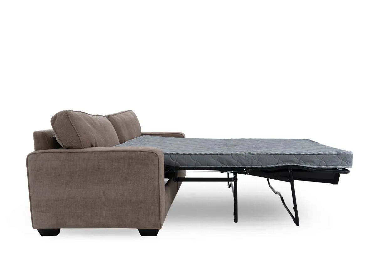 A beige fabric sofa from EZ Living Furnitures Nevada range. Side view of sofa as bed showing retractable legs