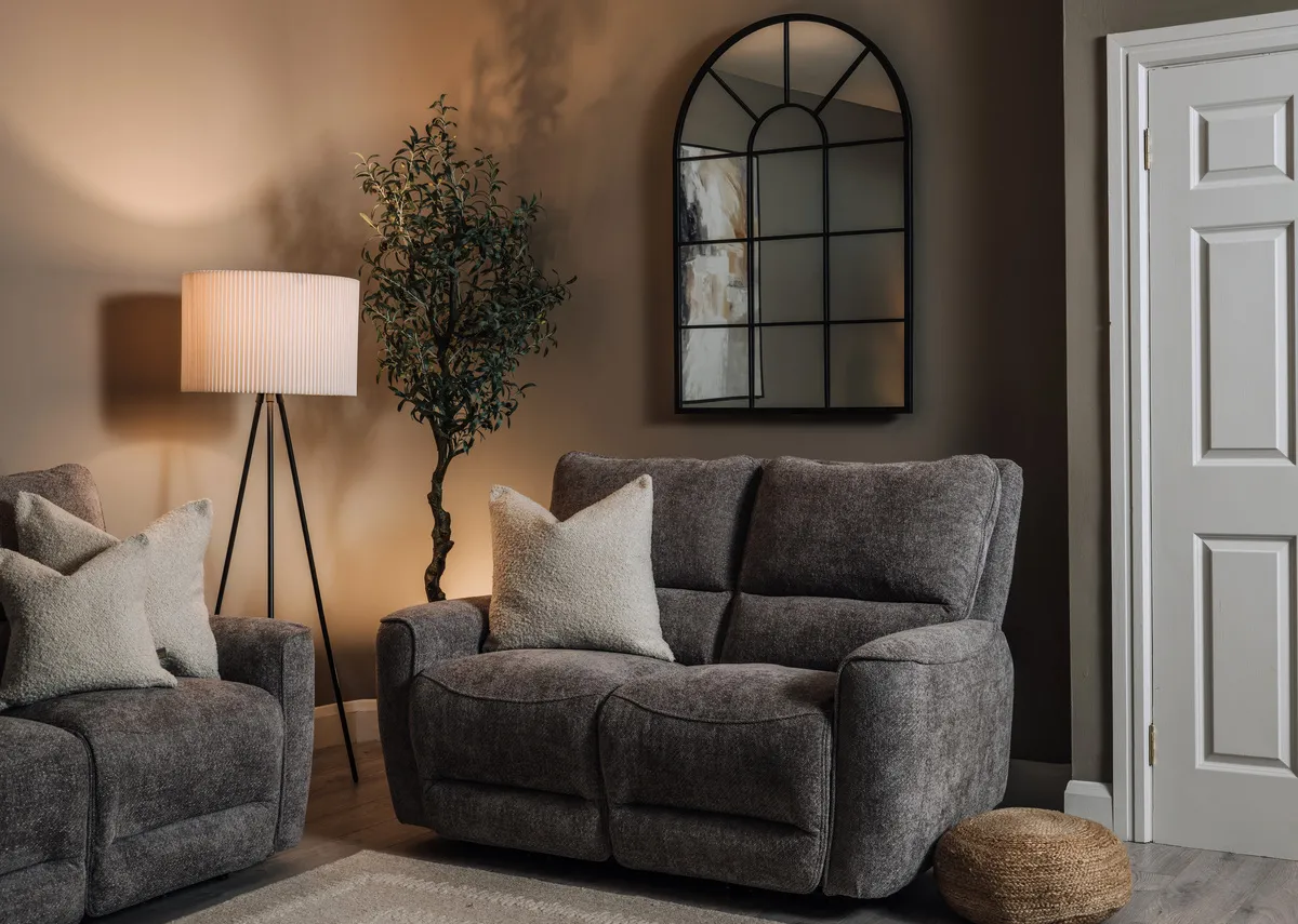 A grey 2 seater with power reclining functions from EZ Livings Ashbrook range.  Closeup of usb port on inside of armrest