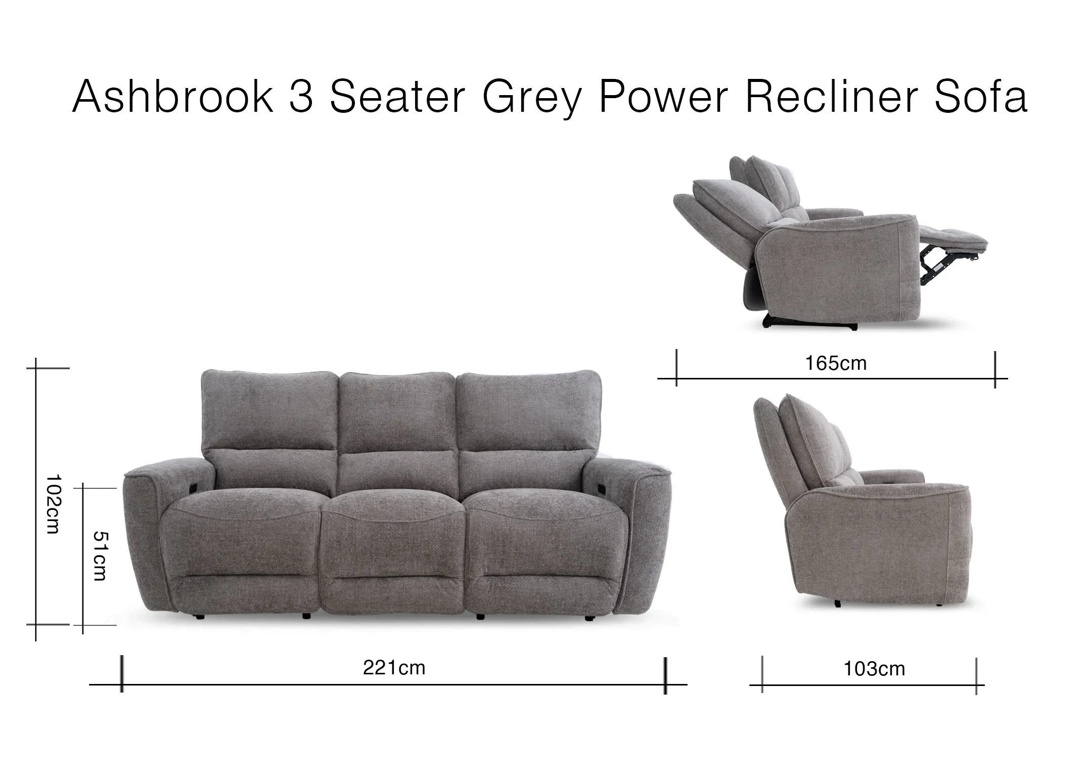 A dimension image of the Ashbrook 3 Seater with 221cm x 103-165cm x 101cm 