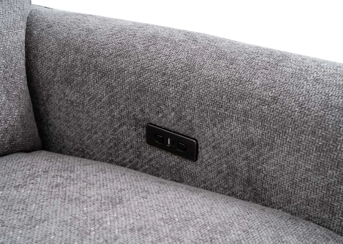 A 3 seater grey fabric power recliner from EZ Livings Ashbrook range.Side view of seat fully reclined