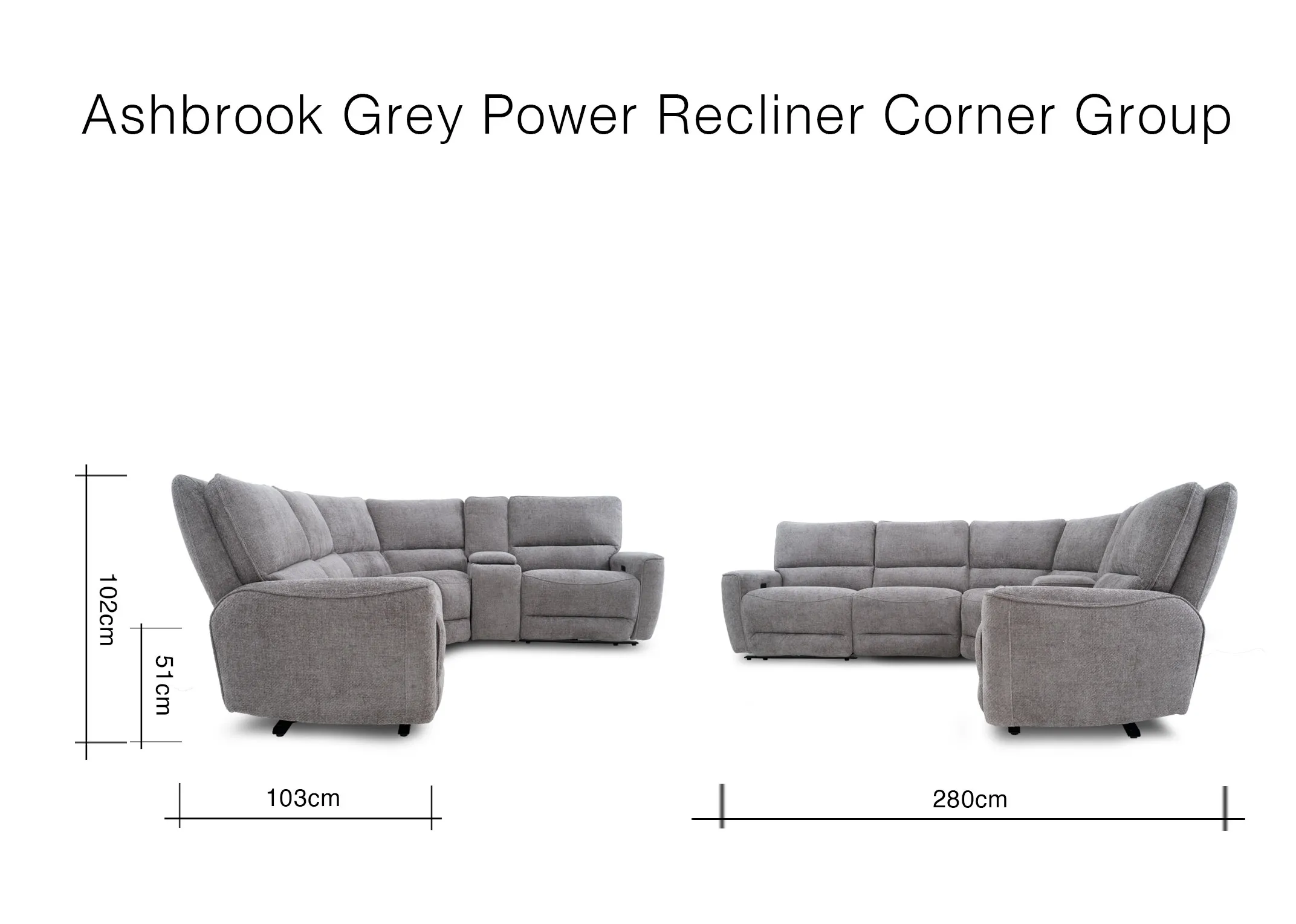 A dimension image of the Ashbrook Corner sofa with 280cm x 103-165cm x 102cm